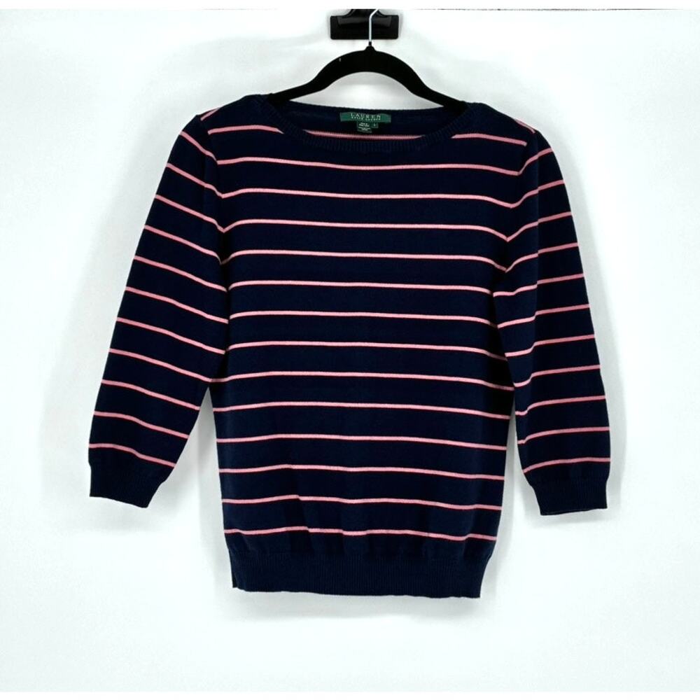 Vtg 80s Lauren Ralph Lauren Women's Navy & Pink Striped Sweater - Size L